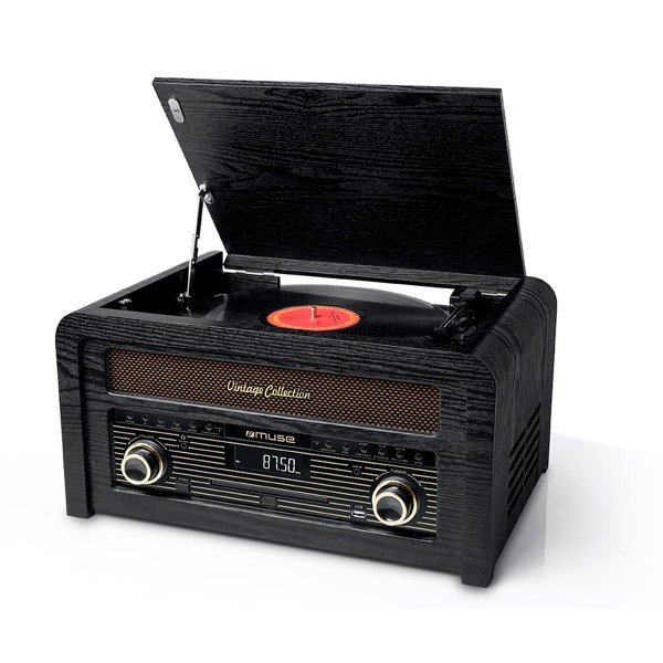 Muse mt-115 w black wood / tocadiscos con radio y altavoces