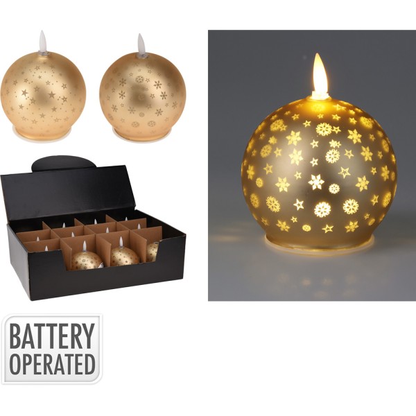Vela led bola navidad dorada con luz blanca cálida modelos variados ø10 x 11 cm