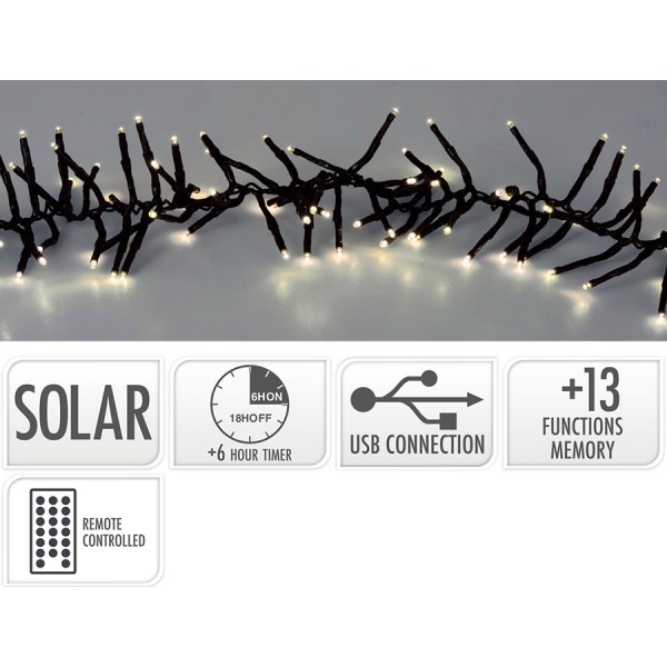 Guirnalda solar recargable, multifunción, uso interior/exterior, luz cálida, 768 leds, 5,6 m, con control remoto