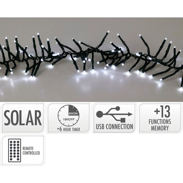 Guirnalda solar multifunción, uso interior/exterior, blanco frío, 768 leds, 6 m, con control remoto