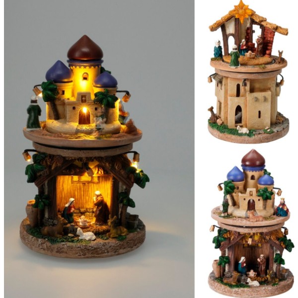 Escena portal de belén, led cálida, a pilas, modelos variados, 23 cm