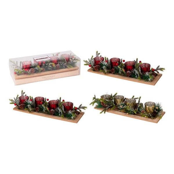 Set de 4 portavelas con base de madera y decoración navideña, modelos variados, 12 x 38 cm